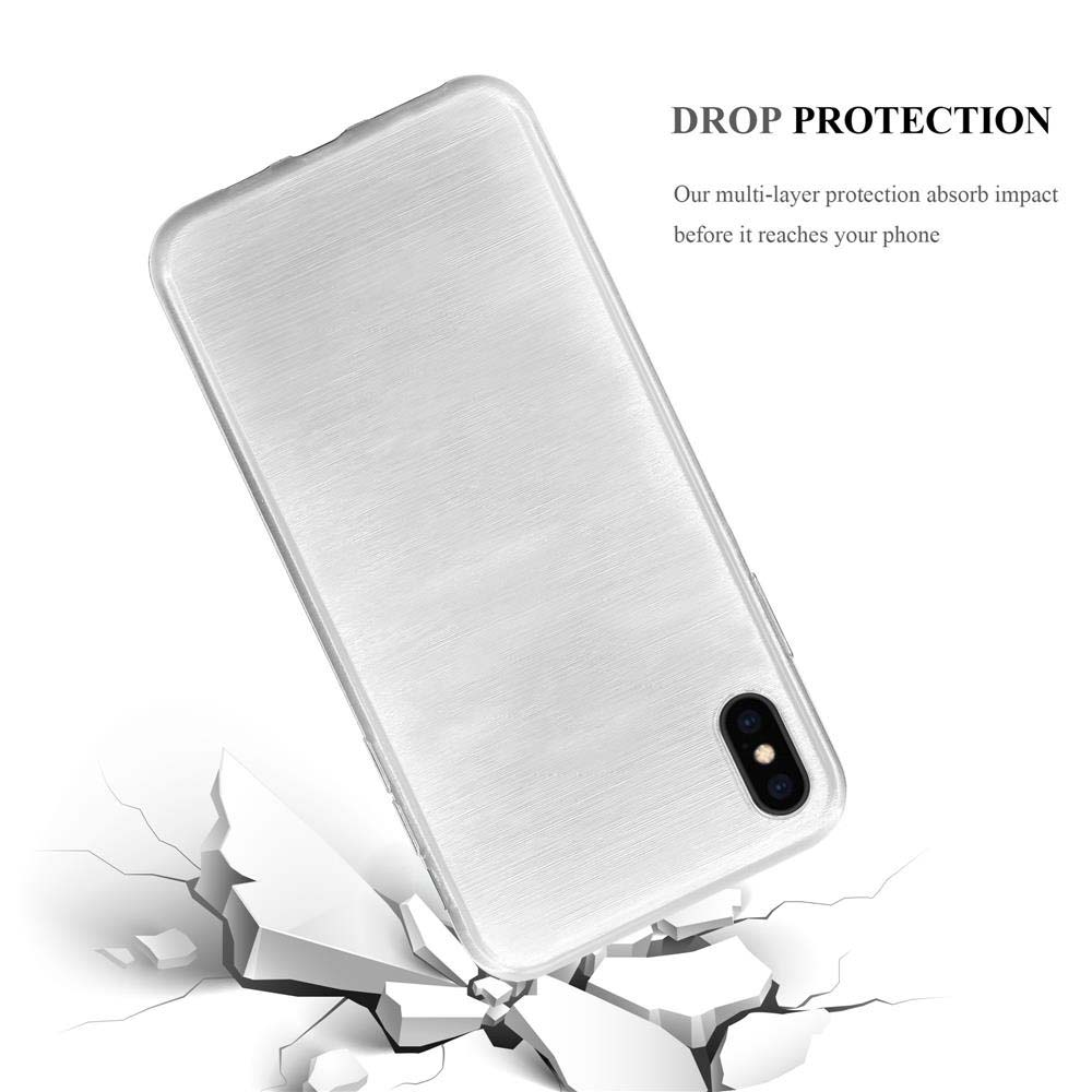 Custodia per telefono argentata angolata, che mostra un terreno crepato. Il testo recita: Drop Protection.