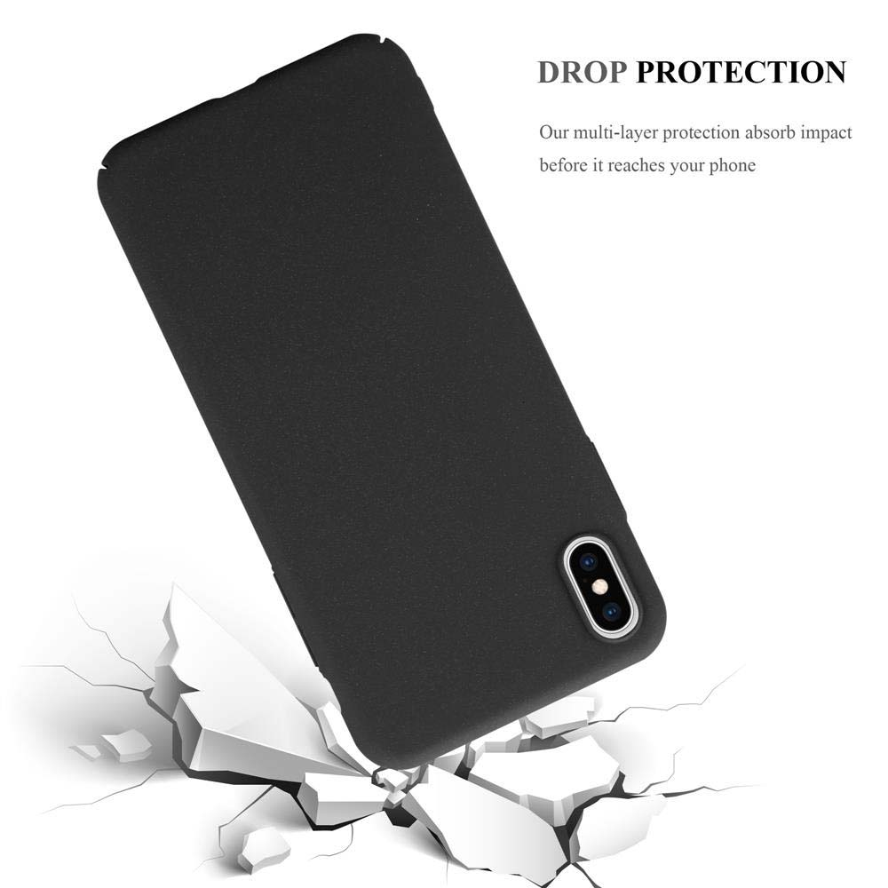 Schwarze Handyhülle angewinkelt, zeigt einen zerbrochenen Boden. Text lautet: Drop Protection.