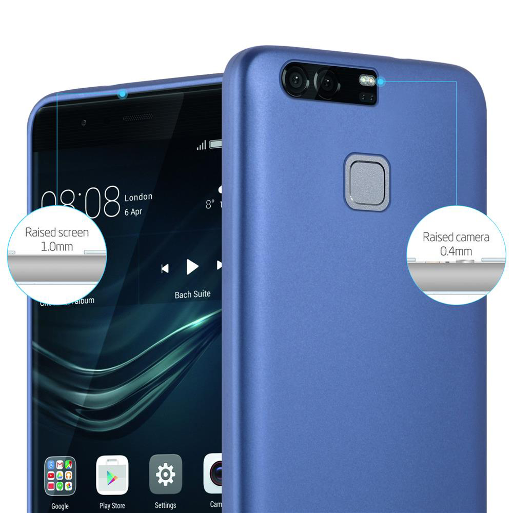 Una custodia blu per telefono. Le annotazioni evidenziano le caratteristiche di protezione dello schermo e della fotocamera.