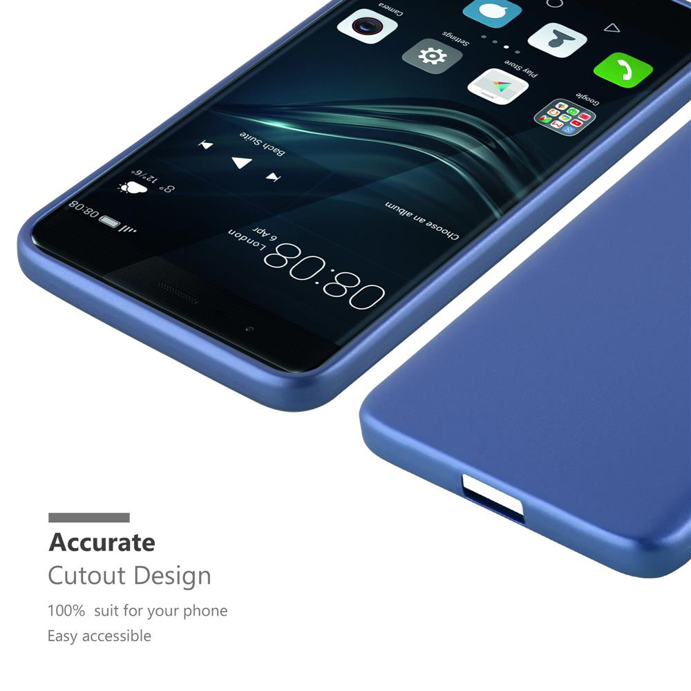 Custodia blu per telefono e un telefono con custodia blu. Lo sfondo è bianco.