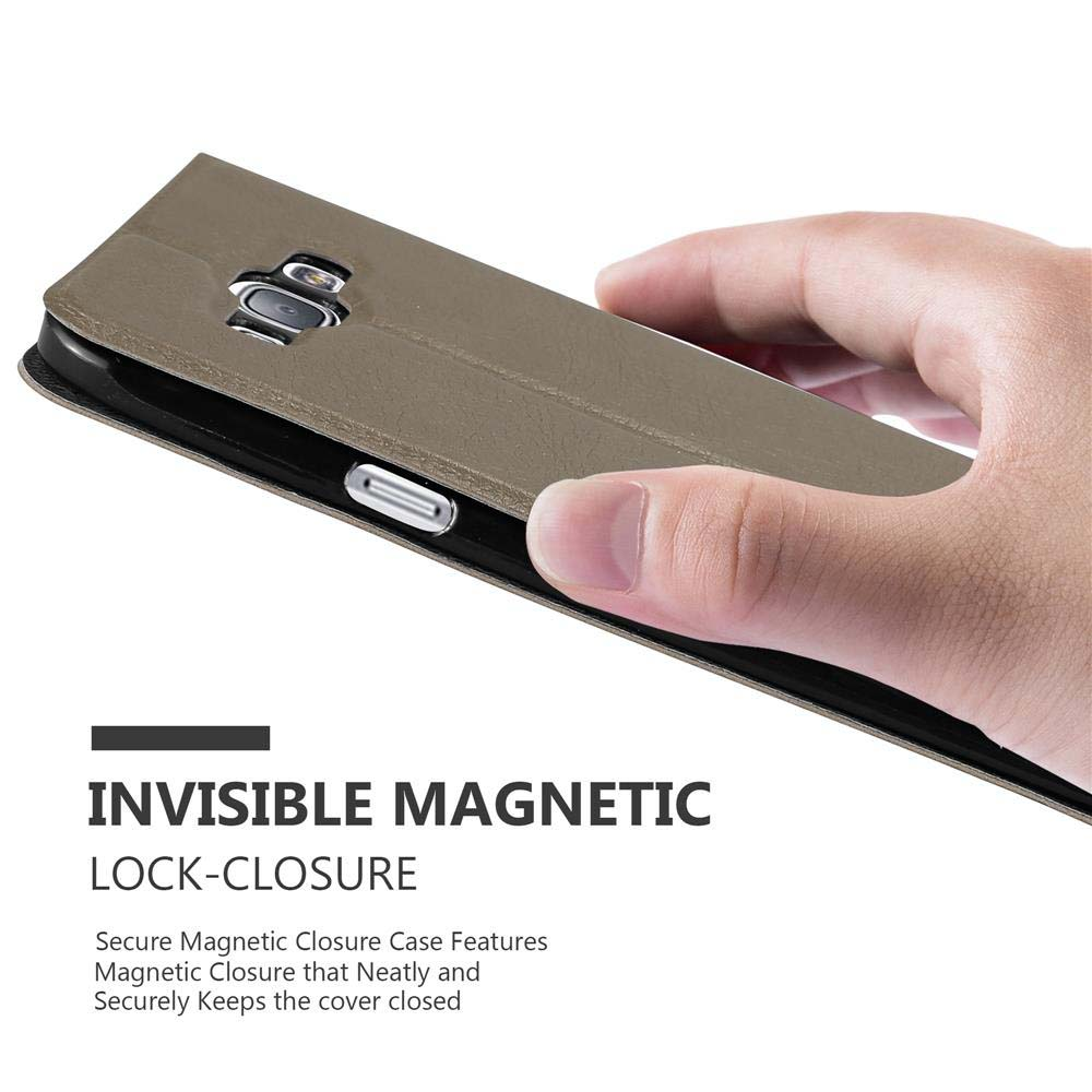 Telefono in una custodia marrone con chiusura magnetica. Il testo dice blocco magnetico invisibile.