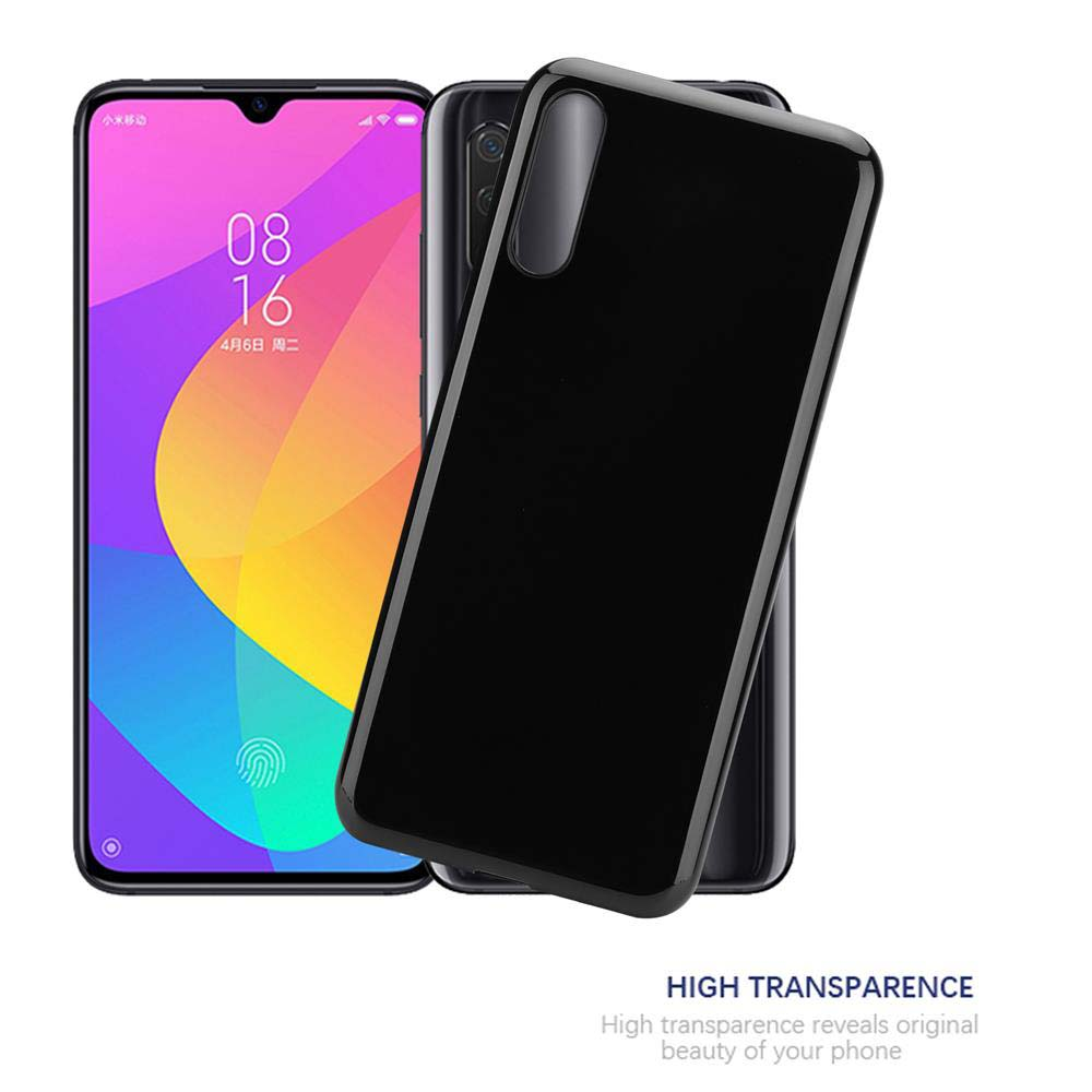 Telefono e custodia neri. Schermo del telefono acceso, mostra immagini colorate. Testo: Alta trasparenza.
