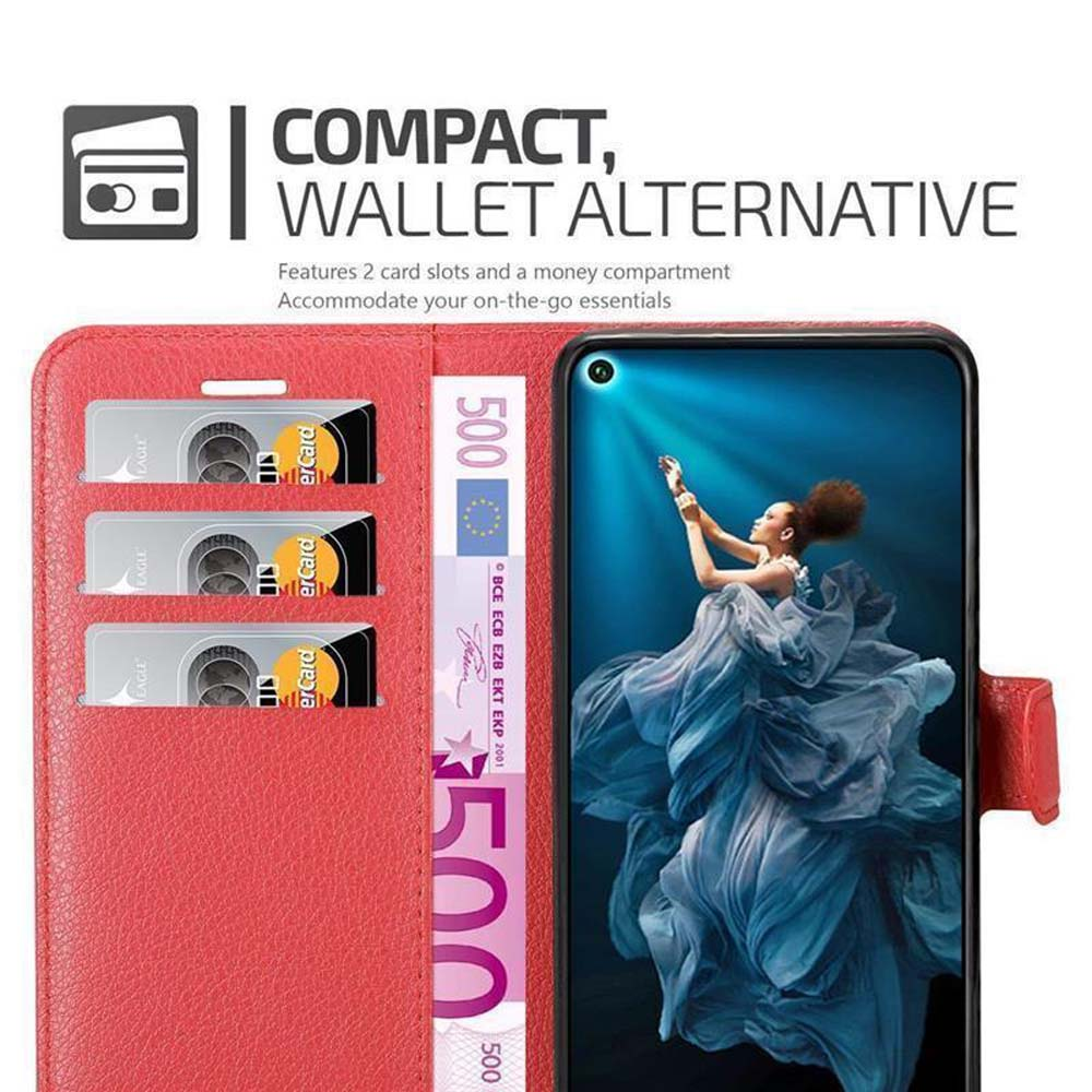 Custodia a portafoglio rossa con carte e denaro. Telefono con donna visibile.