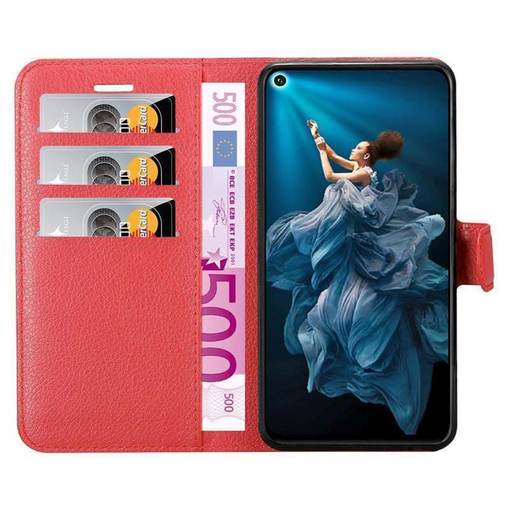 Un portafoglio rosso per telefono con carte e banconota all'interno, un telefono mostra l'immagine di una donna.