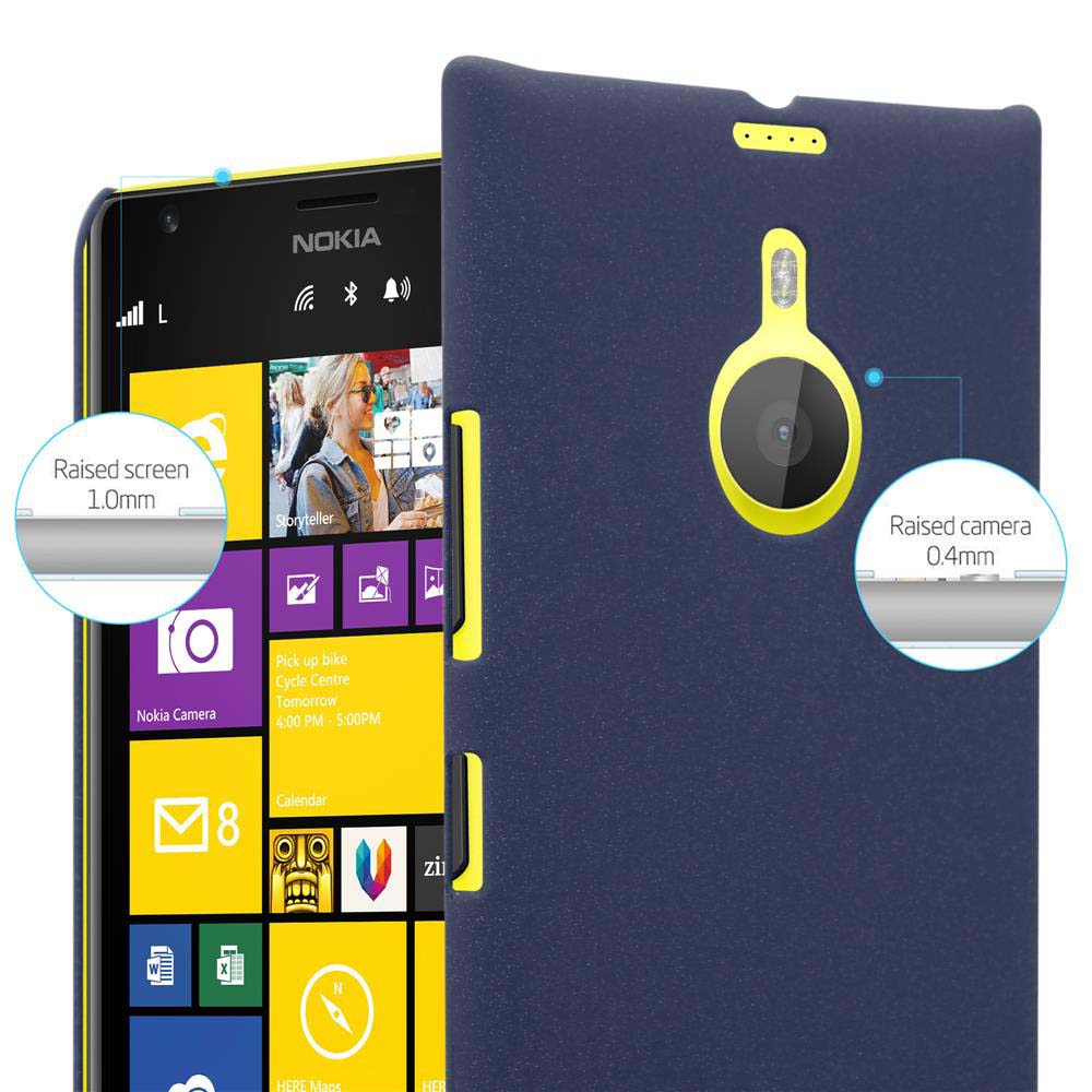 Un telefono Nokia con custodia blu. Lo schermo mostra icone e una fotocamera.