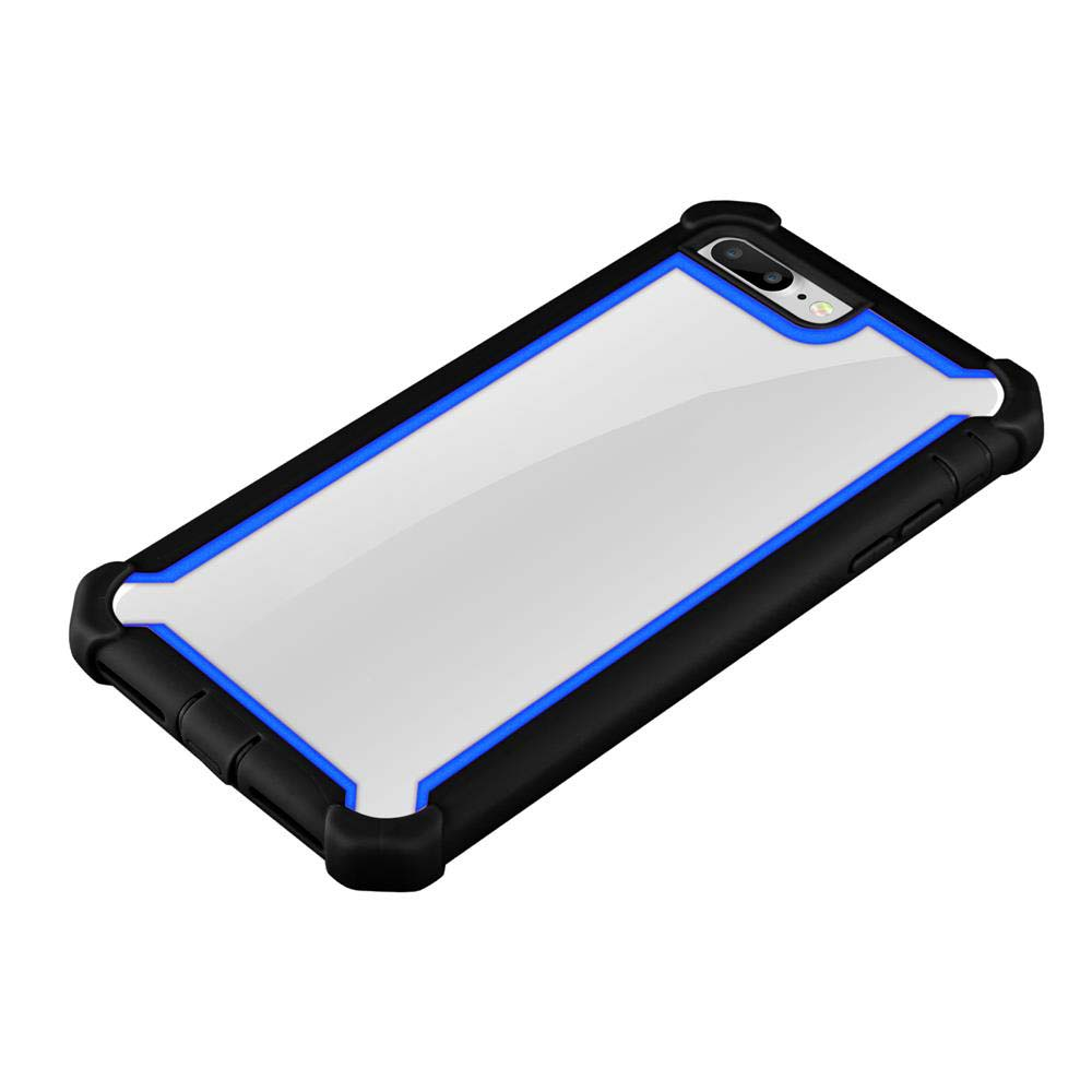 Custodia per telefono con colori nero, blu e bianco. Bordi neri con linea blu e centro bianco.