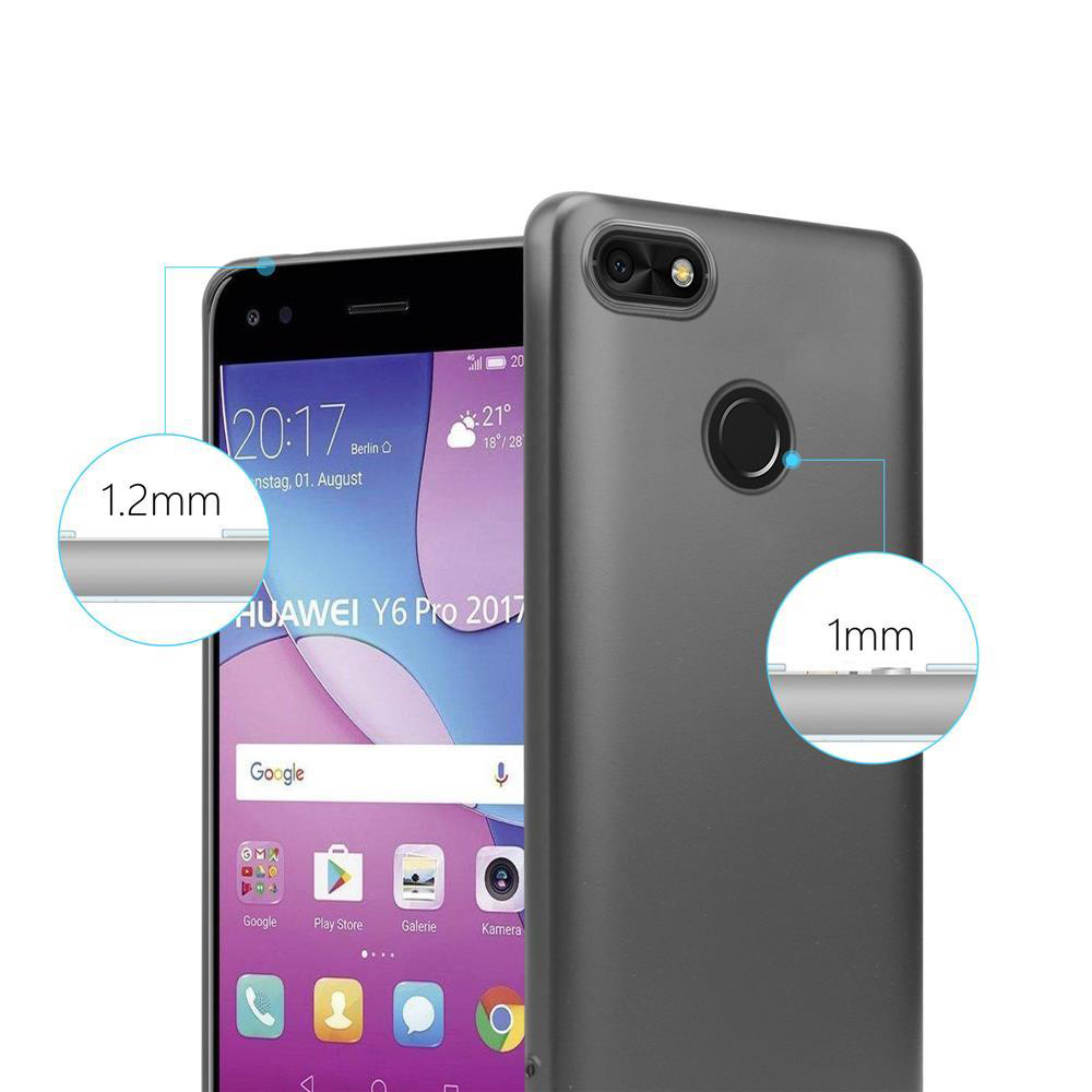 Schwarze und graue Handyhülle mit einem Telefon im Inneren. Text: Erhöhter Bildschirm. Die Hülle ist neben dem Telefon.