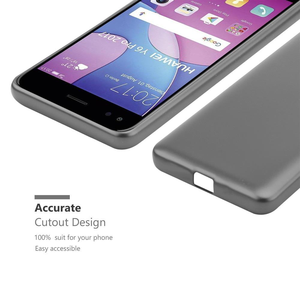 Telefon in einer Hülle mit Text: Präzises Ausschnittdesign. Text auf dem Bildschirm: Huawei Y6 Pro 2017.