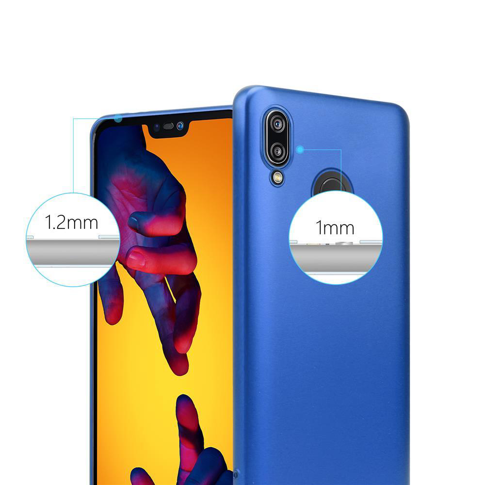 Blaue Handyhülle. Telefon teilweise drin, zeigt Kamera. Text: 1,2 mm, 1 mm Dicke Details.