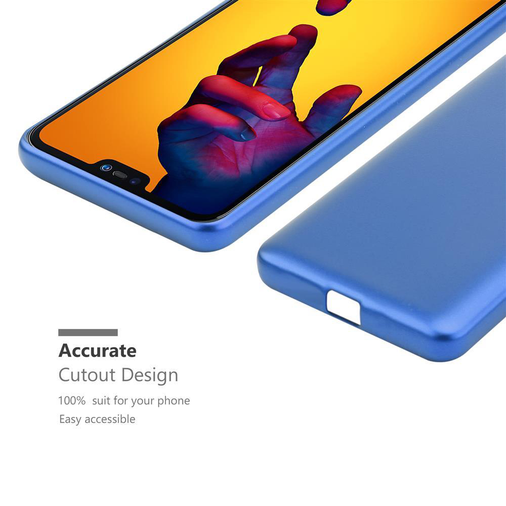 Blaue Handyhülle mit Telefon im Inneren. Der Telefonbildschirm ist sichtbar. Text erwähnt präzises Ausschnittdesign.