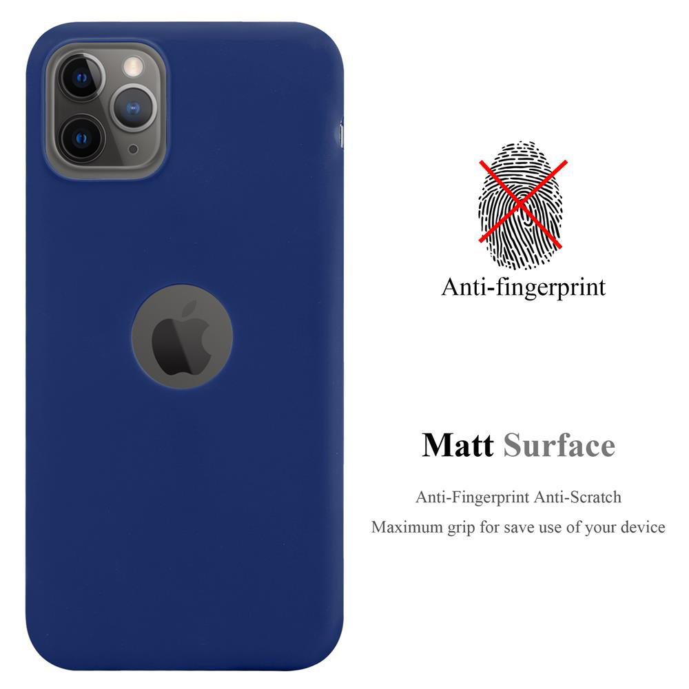 Blaue Handyhülle, mit Apple-Logo, Fingerabdrucksymbol und Text 'Anti-Fingerabdruck'.