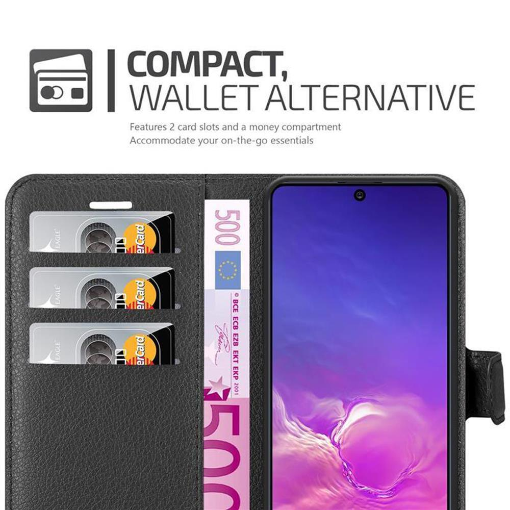 Custodia a portafoglio nera con slot per carte e scomparto per denaro, e un telefono con schermo blu.