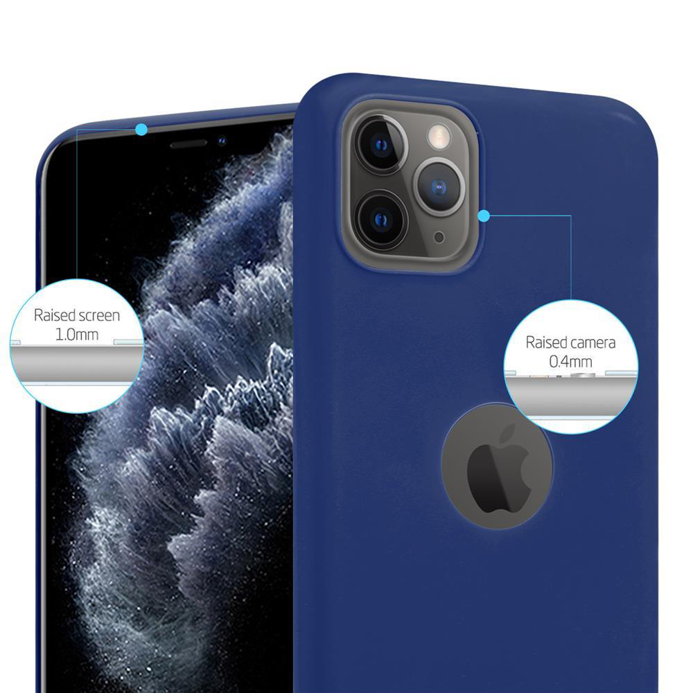 Ein Telefon in einer blauen Hülle mit erhöhten Bildschirm- und Kameradetails. Text: Erhöhter Bildschirm 1,0 mm, erhöhte Kamera 0,4 mm.