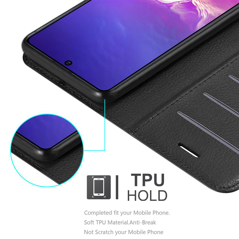 Telefono in una custodia nera aperta. La custodia ha fessure per carte. Testo: TPU HOLD.