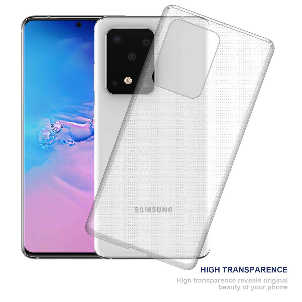 Una custodia trasparente su un telefono Samsung bianco. La custodia è leggermente inclinata, rivelando il telefono.