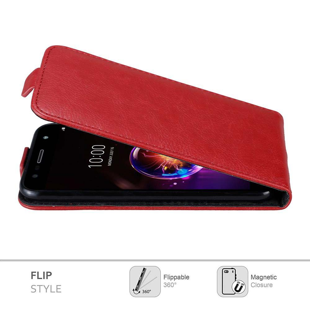 Rote Handyhülle mit schwarzem Telefon. Die Hülle ist offen. Diagramme zeigen Klappstil und Magnetverschluss.