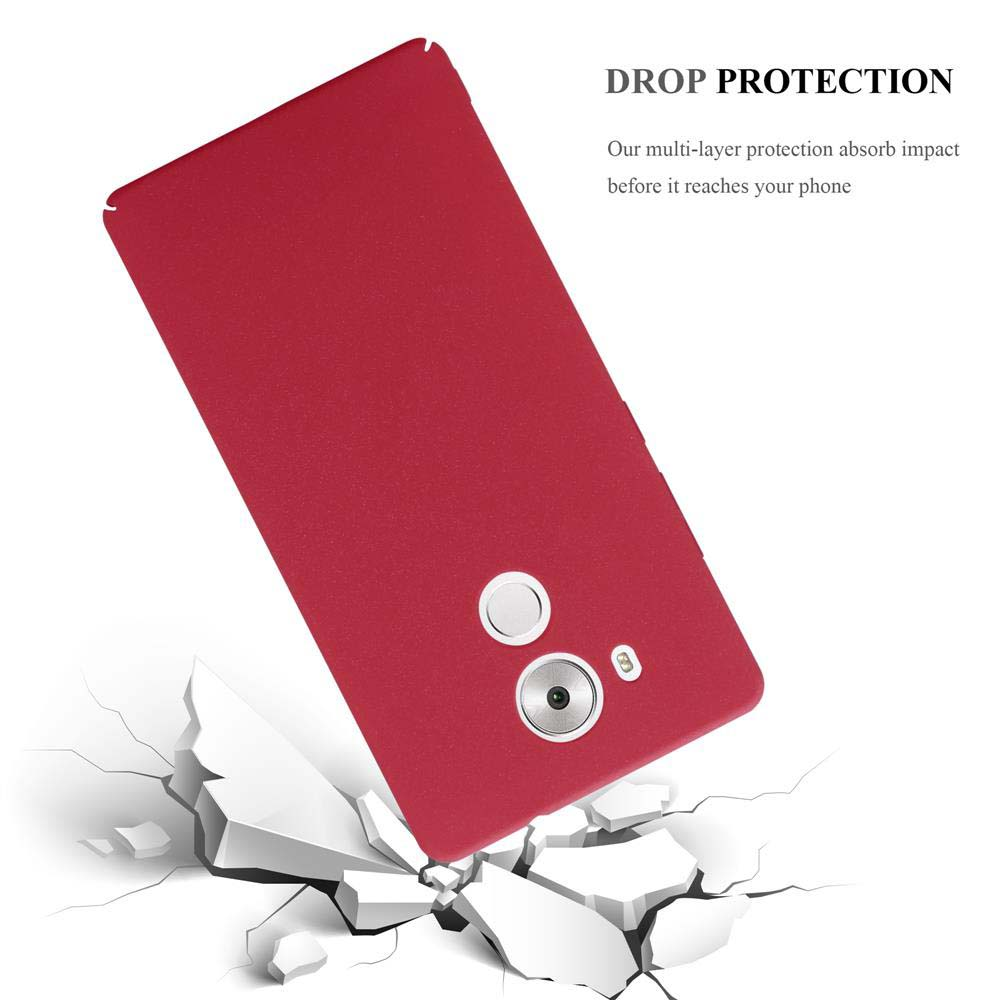 Rote Handyhülle mit fallendem Telefon. Text: Drop Protection, Stoßdämpfung.
