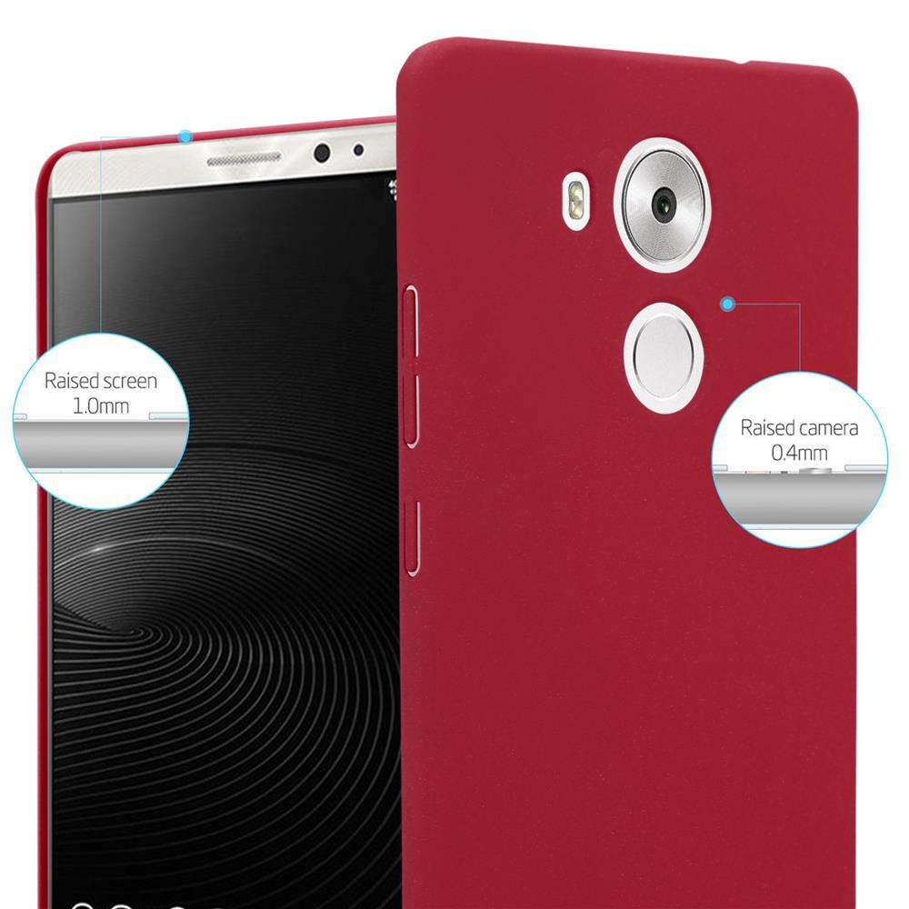 Eine rote Handyhülle auf einem Telefon, mit hervorgehobenen Kamera- und Bildschirmbereichen. Der Bildschirm ist 1,0 mm erhöht.