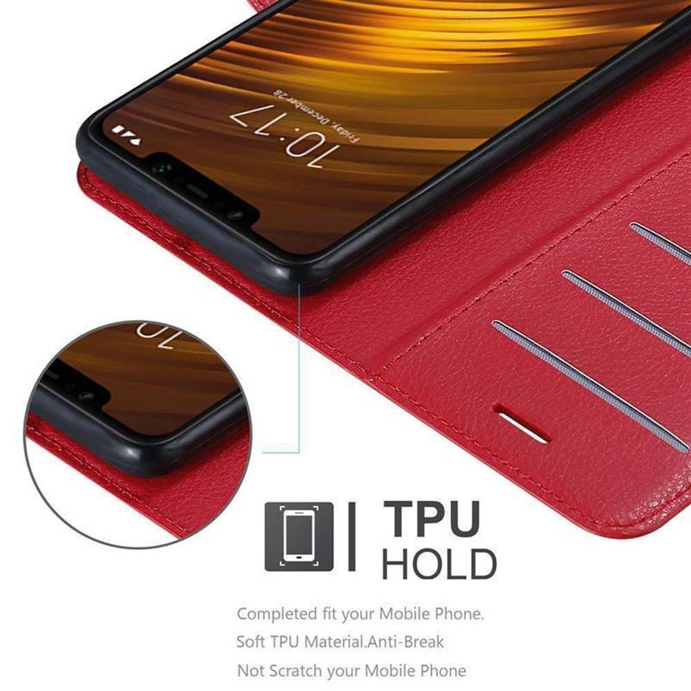 Custodia rossa per telefono aperta, con telefono all'interno. Dettaglio del bordo del telefono. Testo: TPU HOLD.