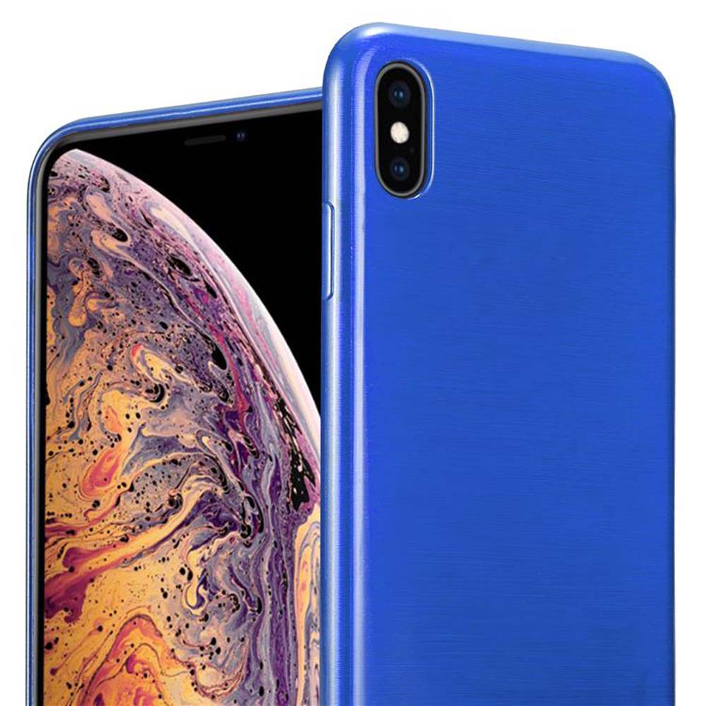 Custodia blu per telefono su un telefono, che mostra la fotocamera e lo schermo del telefono.