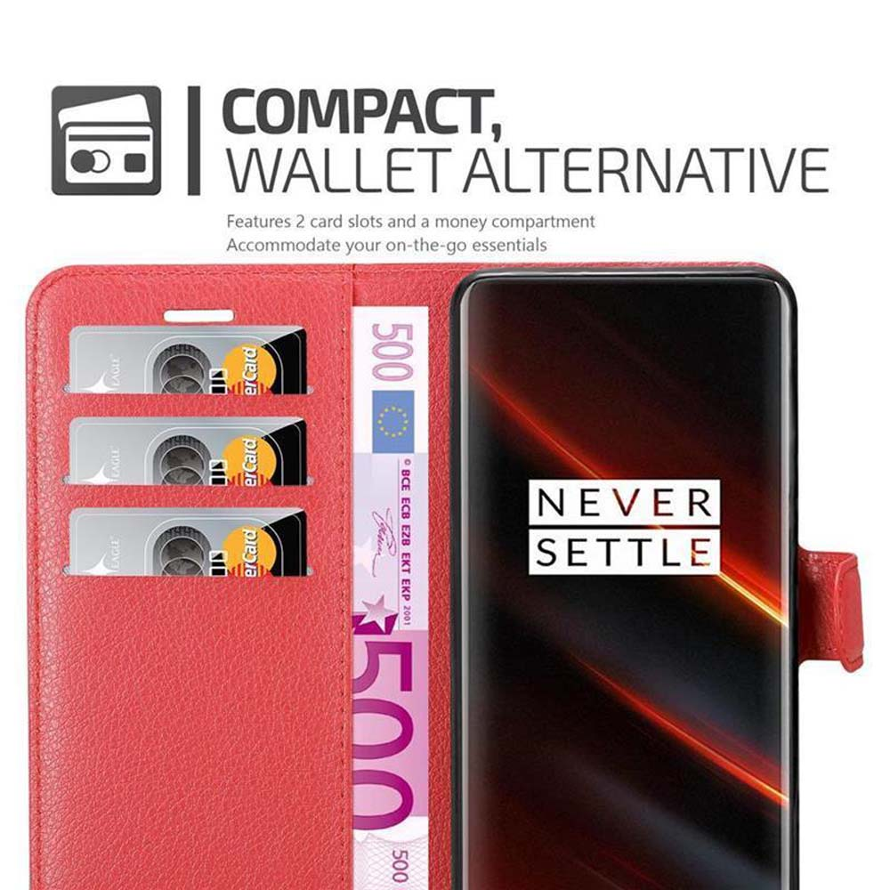 Rote Handyhülle mit Kartenfächern, Geld und einem Telefon mit der Aufschrift: Never Settle. Text: Kompakt, Wallet Alternative.