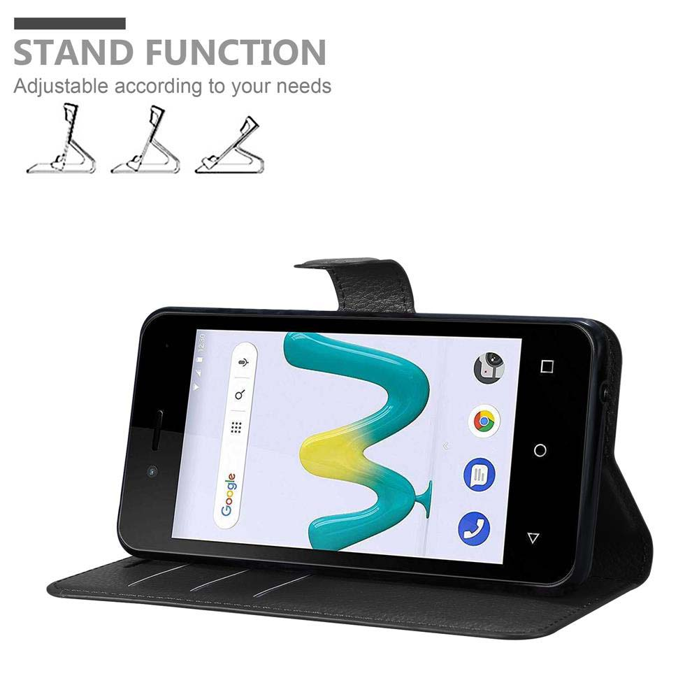 Telefon auf schwarzer Hülle, als Ständer geöffnet. Text 'STAND FUNCTION' und drei Symbole.