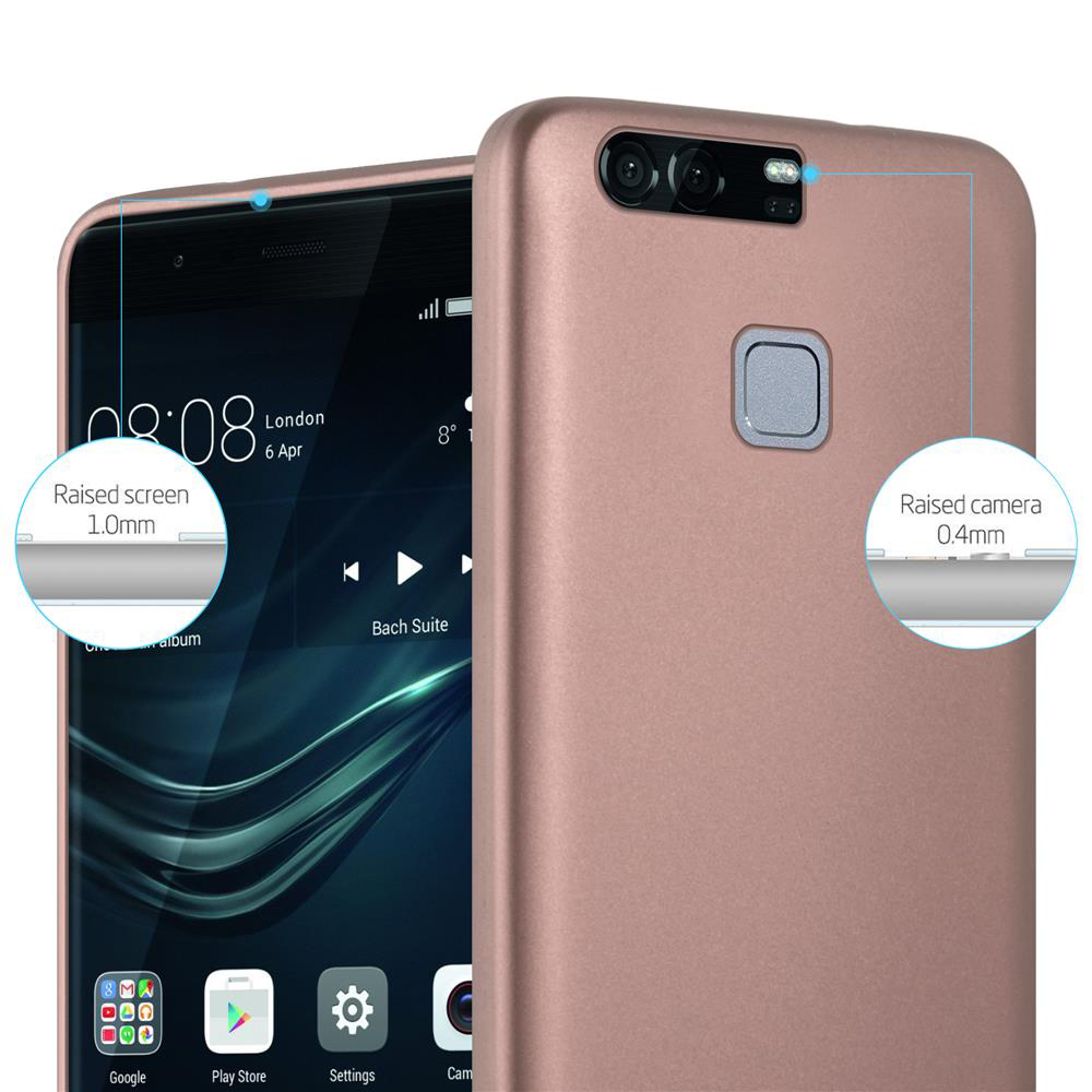 Un telefono in una custodia color oro rosa che mostra lo schermo e la fotocamera rialzati, con etichette di altezza.
