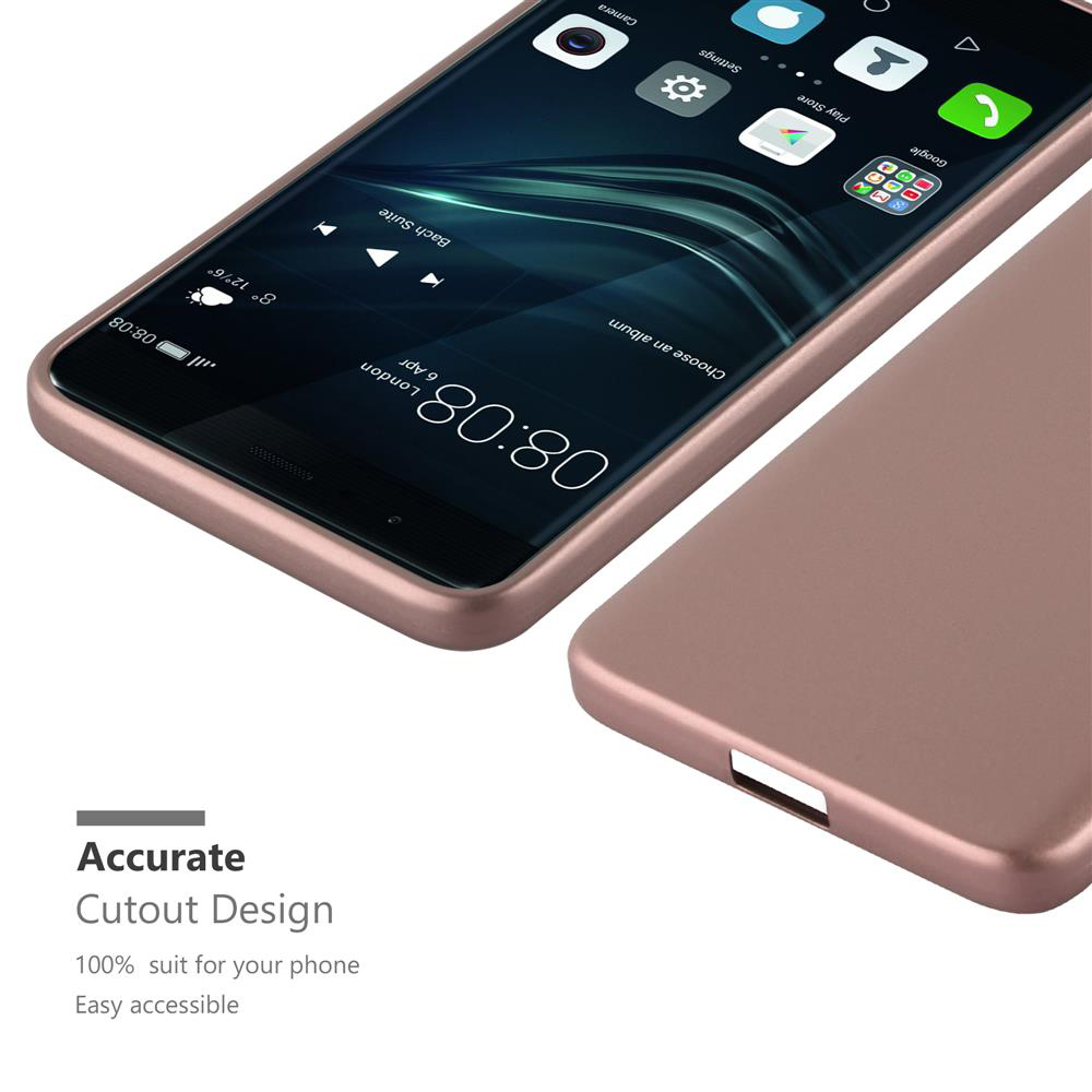 Telefono con custodia, che mostra lo schermo e la custodia. La custodia è oro rosa.