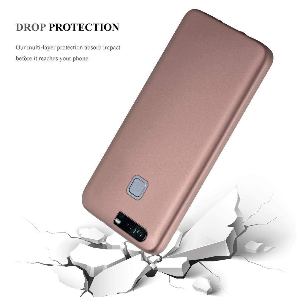 Viene mostrata una custodia rosa per telefono, che sembra rompere il cemento. Il testo recita 'DROP PROTECTION'.