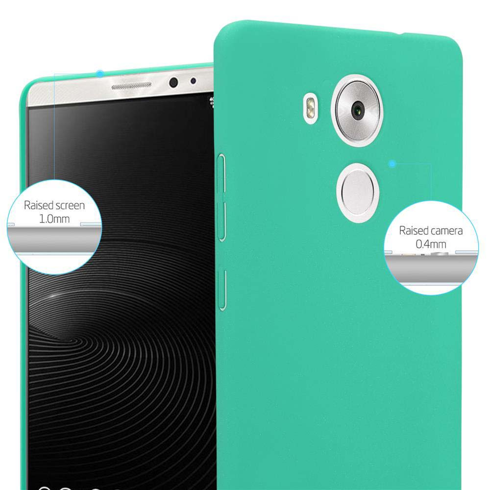 Custodia per telefono verde acqua con telefono all'interno. Fumetti di testo indicano l'elevazione dello schermo e della fotocamera.