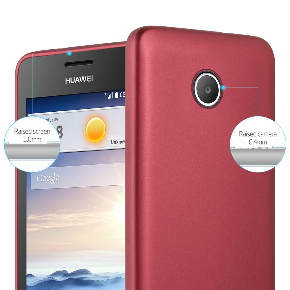 Un telefono in una custodia rossa con dettagli dello schermo e della fotocamera evidenziati. La custodia ha una protezione dello schermo e della fotocamera rialzata.