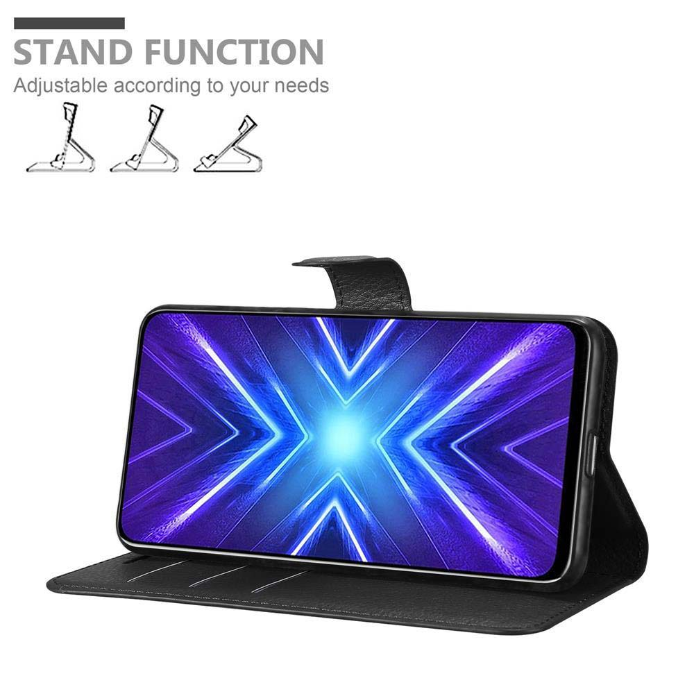 Custodia per telefono nera in modalità stand. Il telefono mostra un design di luci viola e blu. Sfondo bianco con testo.