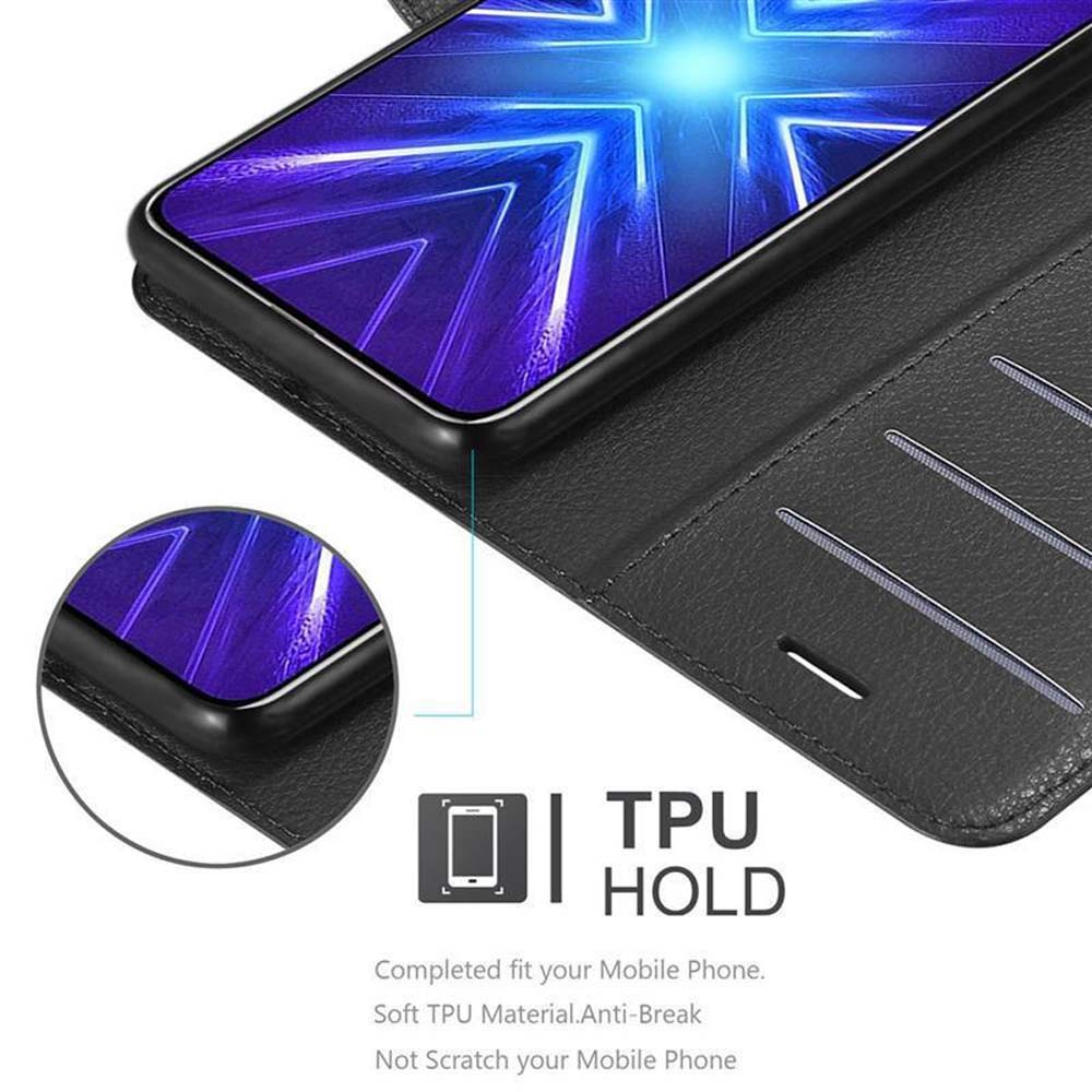 Custodia nera con telefono, dettagli supporto TPU e materiale della custodia.
