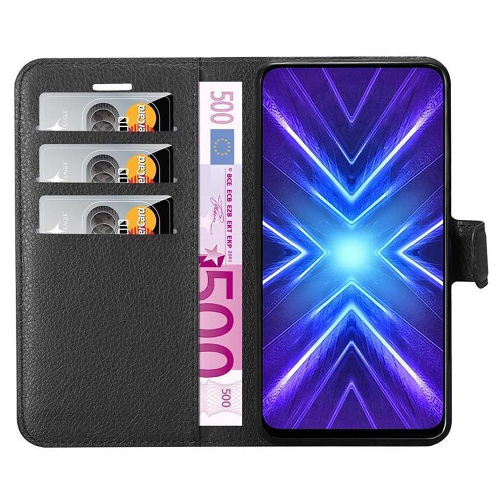 Custodia per telefono con carte e denaro, telefono che mostra un display colorato.