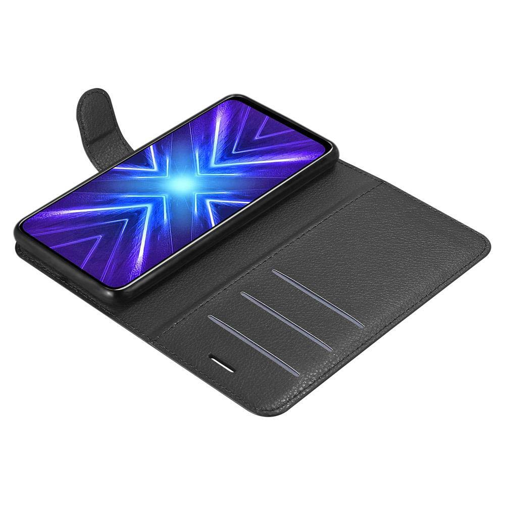 Custodia grigia per telefono con telefono e fessure per carte. Lo schermo del telefono mostra motivi blu e bianchi.