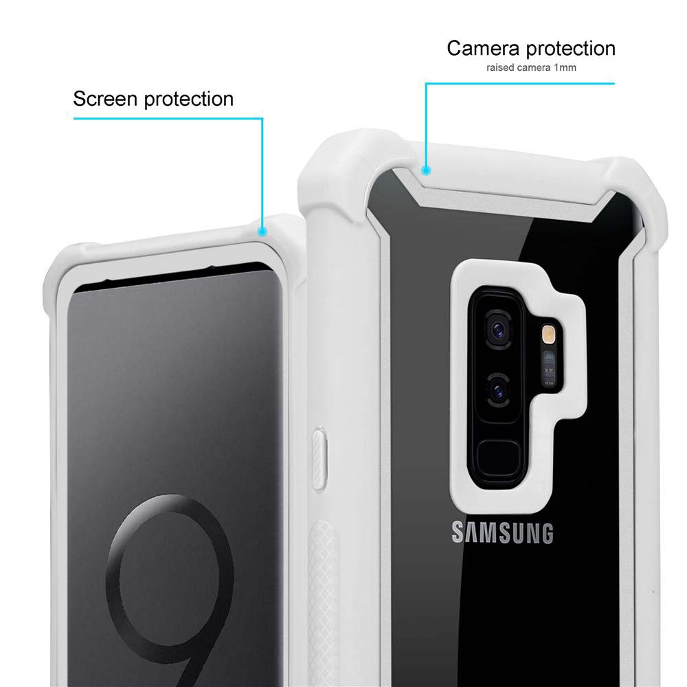 Weiße Handyhülle mit Samsung-Handy, mit Bildschirm- und Kameraschutz.
