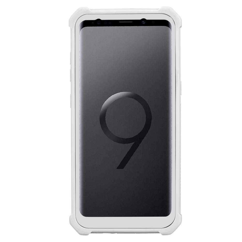 Ein weißes Telefon mit einer weißen Hülle. Das Telefon zeigt eine große '9' auf dem schwarzen Bildschirm.