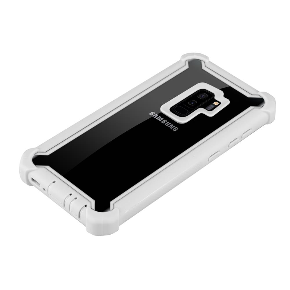 Telefon in Schutzhülle. Die Hülle ist weiß mit schwarzem Rücken. Der Markenname ist sichtbar.