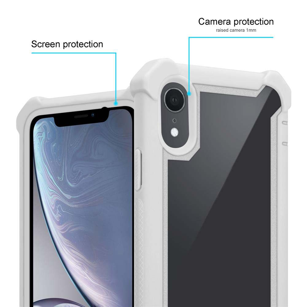 Un telefono racchiuso in una custodia protettiva bianca. La custodia offre protezione per schermo e fotocamera.