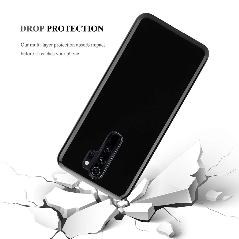 Una custodia nera per telefono che sembra cadere su un terreno bianco e screpolato, con testo di protezione dalle cadute.