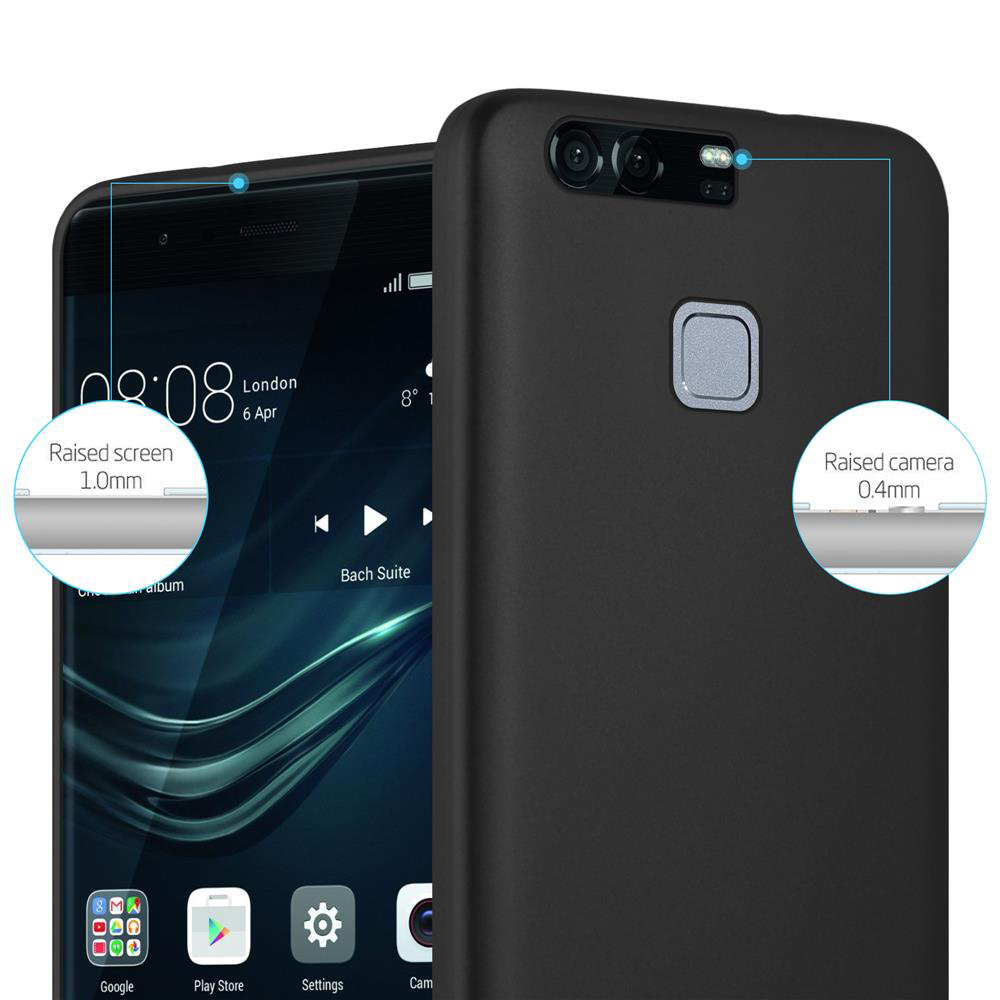 Un telefono nero con una custodia. Lo schermo e la fotocamera sono leggermente rialzati.