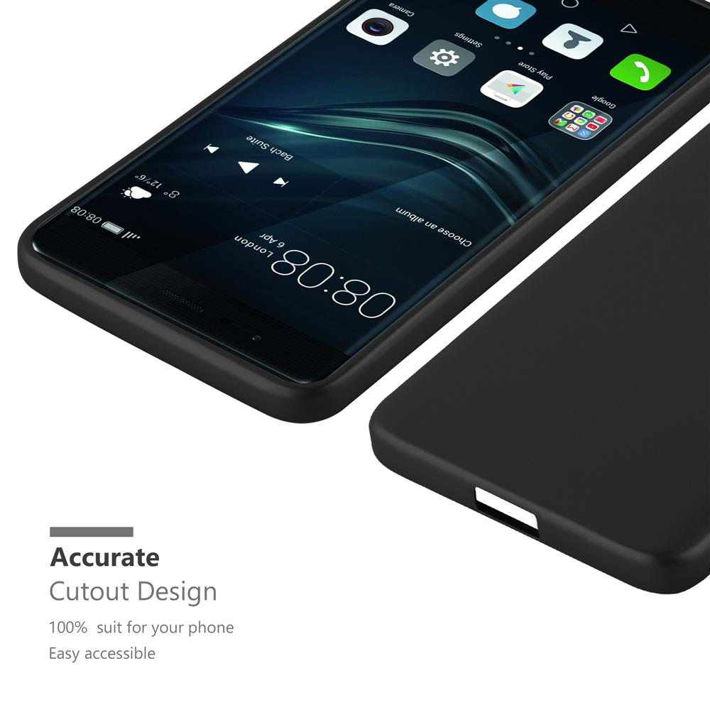 Telefono nero con custodia. Il testo recita Accurate Cutout Design. Sfondo bianco.
