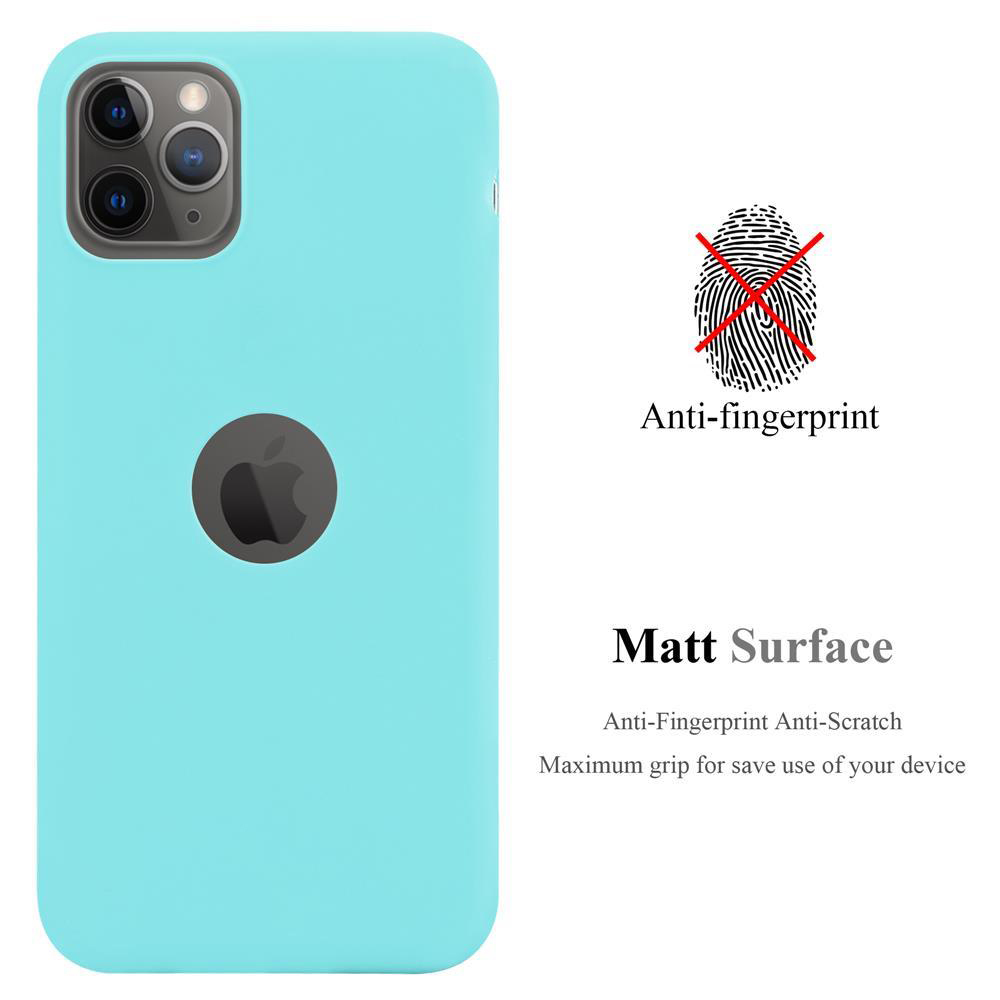 Eine hellblaue Handyhülle mit Apple-Logo und durchgestrichenem Fingerabdrucksymbol, mit dem Text 'Anti-Fingerabdruck'.