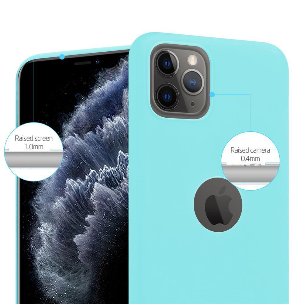 Hellblaue Handyhülle neben schwarzem Telefon, mit erhöhten Kanten für Bildschirm und Kamera.