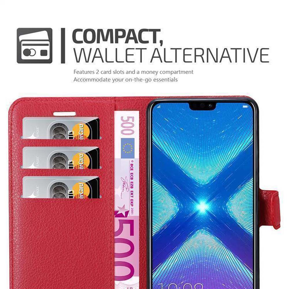Custodia per telefono rossa con tre fessure per carte e denaro. Testo: Compatto, alternativa al portafoglio.