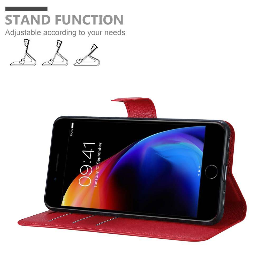 Rote Handyhülle mit einem Telefon darin. Der Telefonbildschirm zeigt das Datum 09:41 12. September. Ständerfunktion.