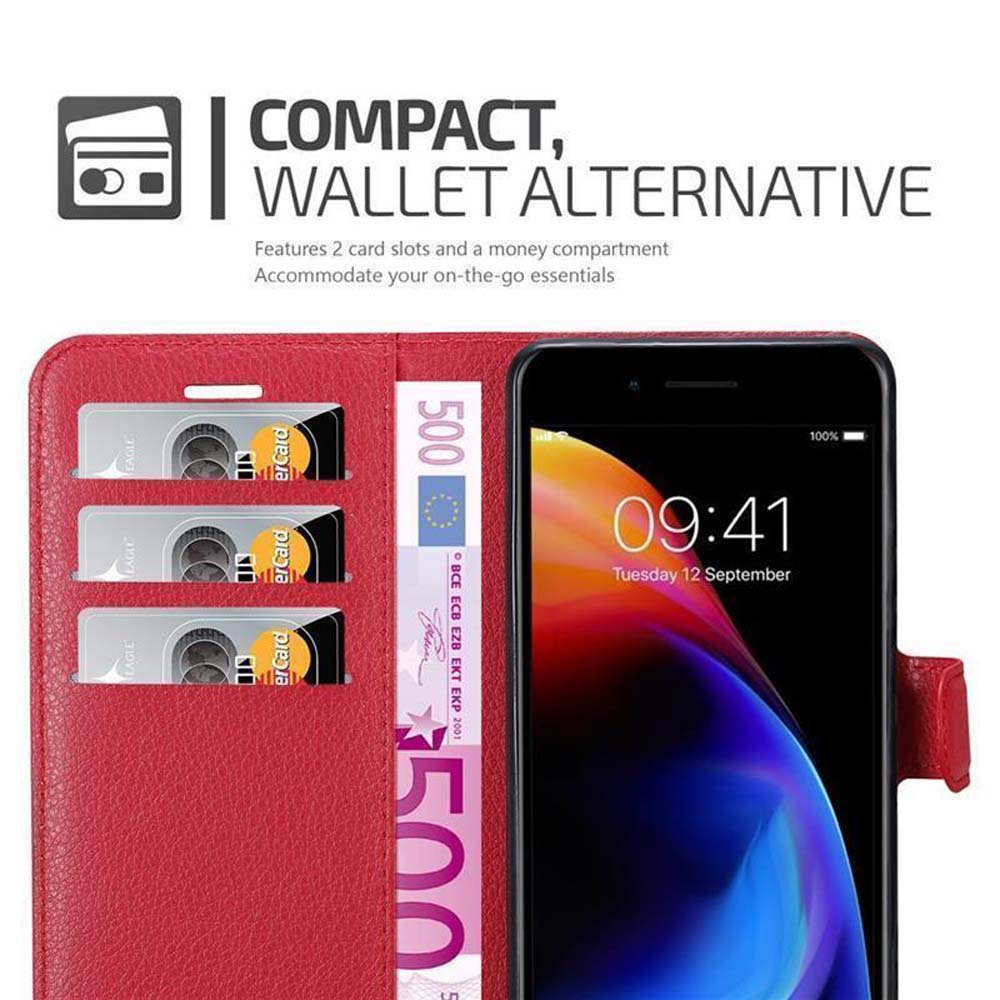 Eine rote Handyhülle mit Telefon und Karten darin. Das Telefon zeigt die Uhrzeit. Die Hülle hat Fächer für Karten und Geld.