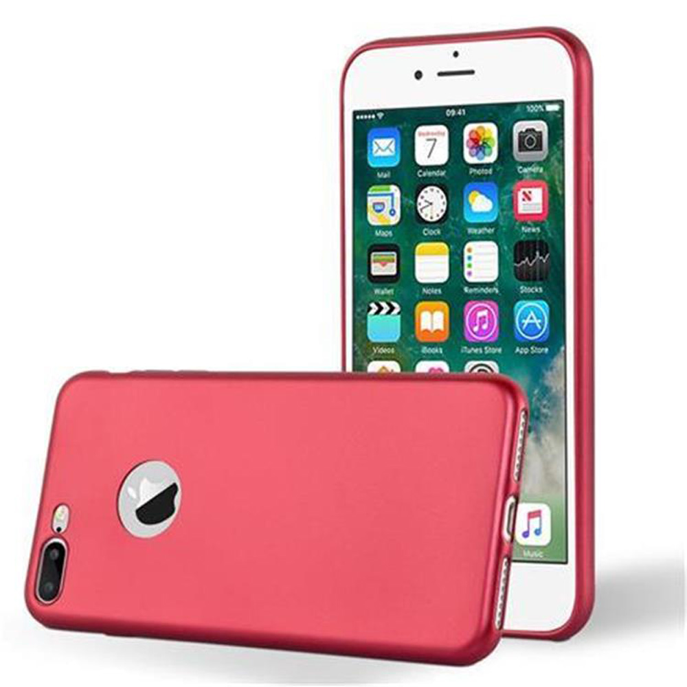 Custodia rossa con telefono. Il telefono ha una fotocamera e un'interfaccia app.