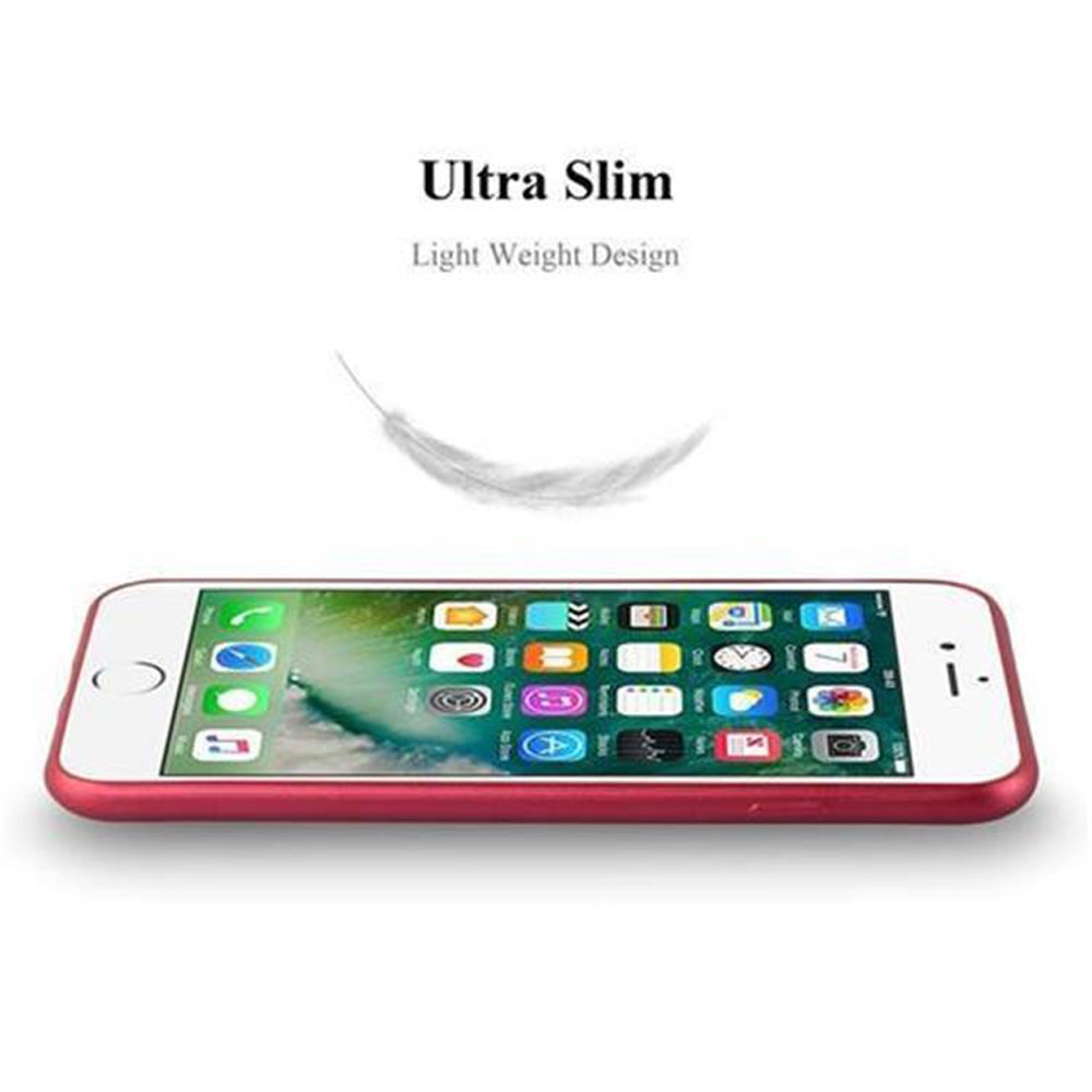 Telefono con custodia rosa su bianco, una piuma fluttua sopra. Lo schermo mostra le icone delle app.