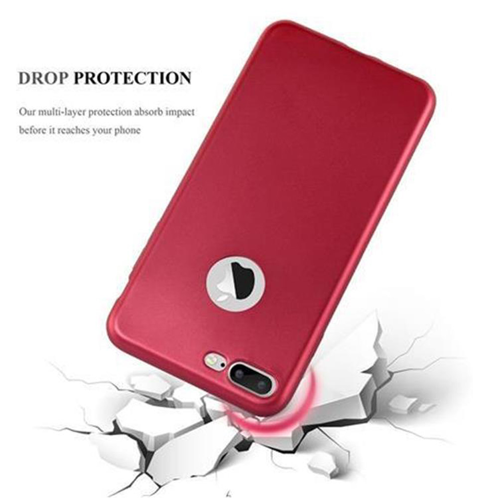 Una custodia rossa per telefono sta rompendo blocchi bianchi. Il testo dice 'DROP PROTECTION'. La custodia ha un logo Apple bianco.